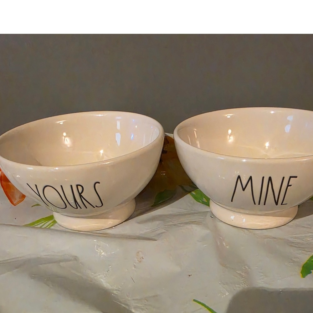 Rae Dunn Artisan Collection Mine and Yours Ceramic Footed Bowls Set of 2 Cream